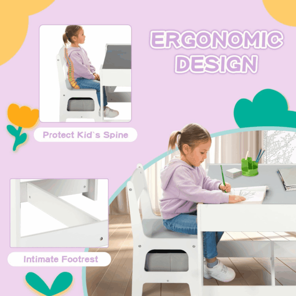 Kids Wood Table & 2 Chairs Set, 3 in 1 Children Activity Table W/Storage, Removable Tabletop, Blackboard, 3-Piece Toddler Furniture Set for Art, Crafts, Drawing, Reading, Playroom, Grey - Image 4