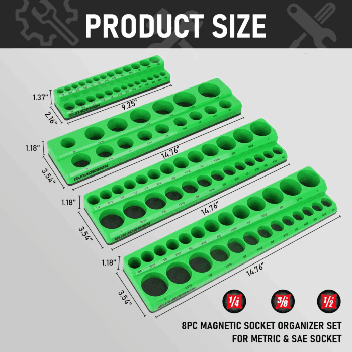 8PCS Magnetic Socket Organizer Set, Magnetic Socket Holder, 1/4", 3/8", 1/2" Socket Holds 171 Pieces Magnetic Socket Trays. - Image 3