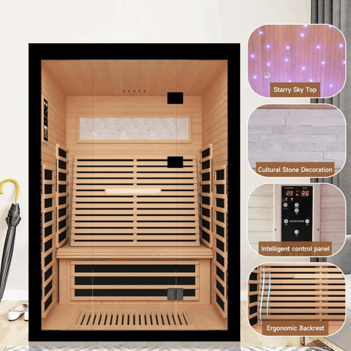 2 Person Infrared Sauna Room Far Infrared Saunas Home Canadian Hemlock Indoor 2160W Low-Emf Dry Saunas with Oxygen Bar 7 Color Therapy 53.1 * 47.2 * 74.8Inch - Image 4