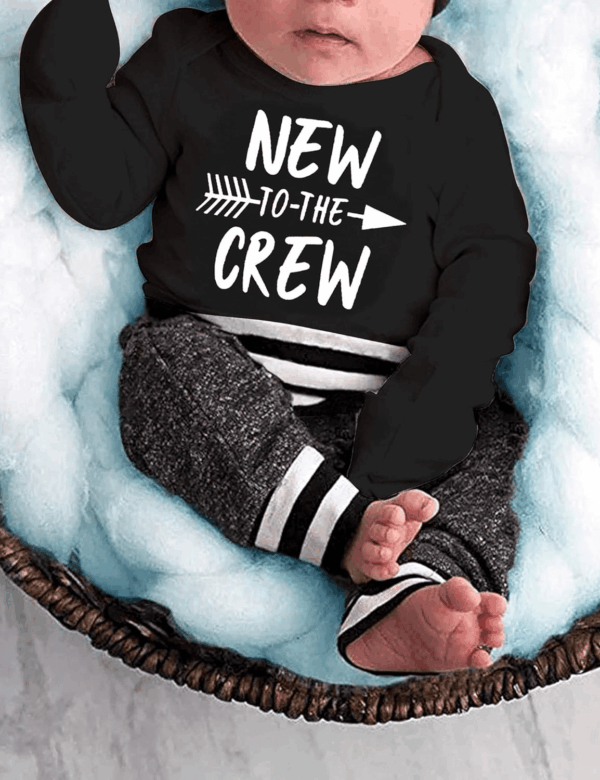 Newborn Baby Boy Clothes New to the Crew Letter Print Romper+ Pants+Hat 3PCS Outfit - Image 2