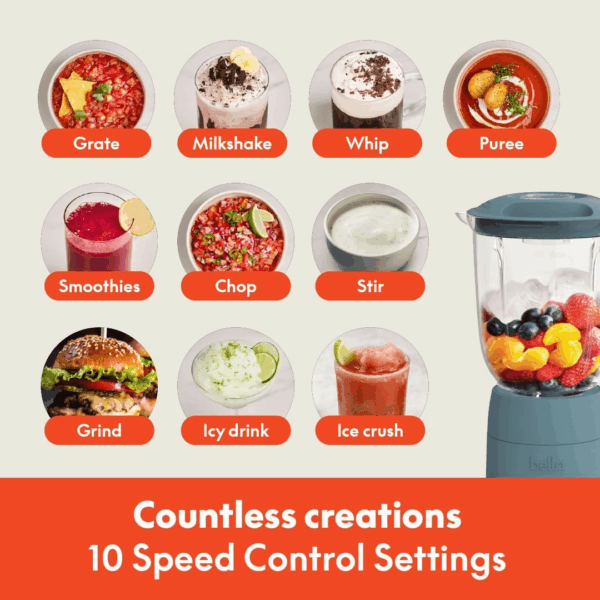 10 Speed Countertop Blender, Juicer & Smoothie Maker, Fits-Anywhere™ Kitchenware, Slim Flip & Store Design, Dishwasher Safe 48Oz Capacity Pitcher & Lid, Stainless Steel Blade, 450 Watt, Surf - Image 5
