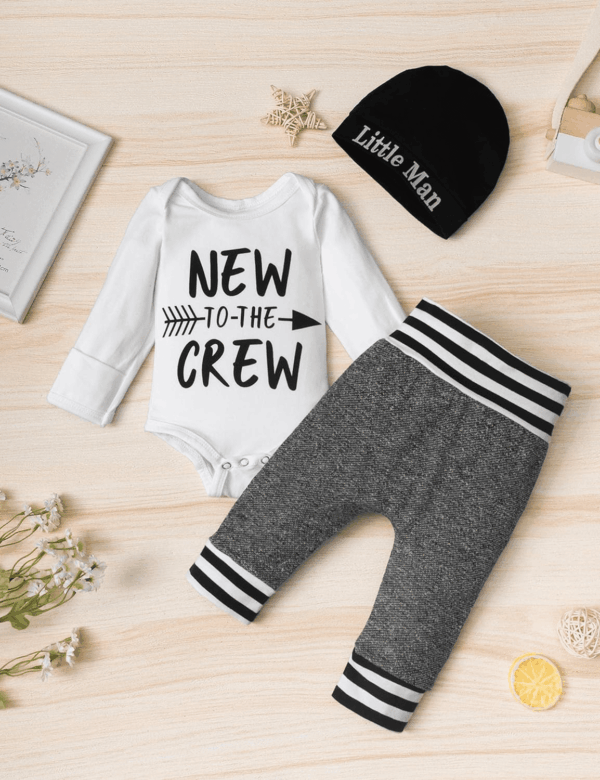 Newborn Baby Boy Clothes New to the Crew Letter Print Romper+ Pants+Hat 3PCS Outfit - Image 3
