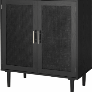 Sideboard Buffet Kitchen Storage Cabinet with Black Painted Rattan Decorated Doors, Dining Room, Hallway, Cupboard Console Table, Liquor/Accent Cabinet, 31.5X 15.8X 34.6 Inches, Black