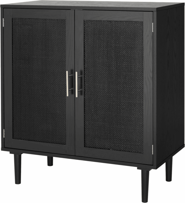 Sideboard Buffet Kitchen Storage Cabinet with Black Painted Rattan Decorated Doors, Dining Room, Hallway, Cupboard Console Table, Liquor/Accent Cabinet, 31.5X 15.8X 34.6 Inches, Black