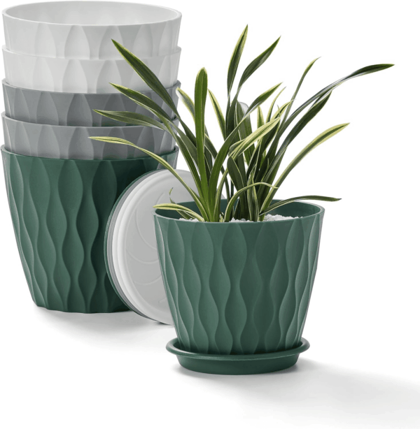 6-Pack 6-Inch Plastic Plant Pots with Saucers | Thickened PP Material, Modern Wave Texture, Enhanced Drainage for Indoor/Outdoor Garden Plants | Tricolor Value Set - Image 8