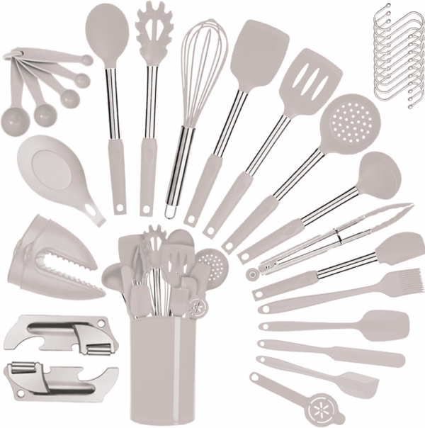 Kitchen Utensils Set-Silicone Cooking Utensils-35 Kitchen Gadgets & Spoons for Nonstick Cookware-Silicone and Stainless Steel Spatula Set-Best Kitchen Tools, Useful Pots and Pans Accessories (Khaki) - Image 6