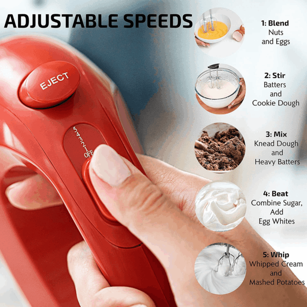 Portable 5 Speed Mixing Electric Hand Mixer with Stainless Steel Whisk Beater Attachments & Snap Storage Case, Compact Lightweight 150 Watt Powerful Blender for Baking & Cooking, Red HM151R - Image 3