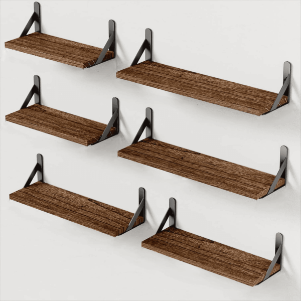 Wall Shelves Set of 6, Wood Floating Shelves for Wall Decor, Rustic Farmhouse Wall Shelves for Bedroom, Bathroom Shelves for Wall Storage, Book Shelves for Living Room, Brown