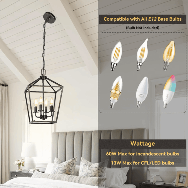 4 Light Chandelier Lighting, Industrial Ceiling Light Black Lantern with Brushed Gold, Geometric Metal Hanging Light Fixture with Adjustable Chain, E12 Base for Entryway Kitchen Island, Indoor Use - Image 3
