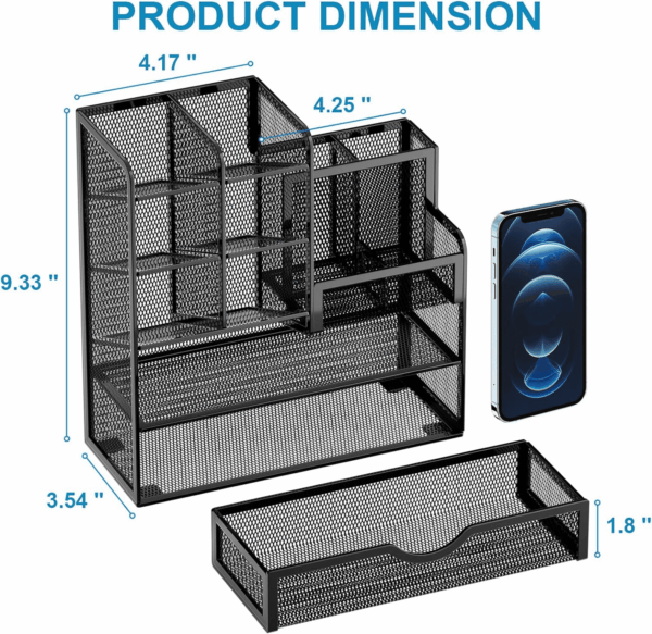 Mesh Pen Holder for Desk, Multi-Functional Pencil Organizer with Drawer, Desk Organizers and Accessories for Office Art Supplies (Black) - Image 5