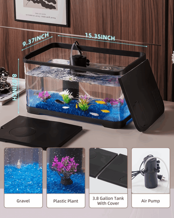 Fish Tank, 3.8 Gallon Aquarium Starter Kit with Self Cleaning Fish Tank Pump with Filteration, Oxygenation, Water Circulation, Lighting Betta Fish Aquarium with Decor, Gravel (Black) - Image 5