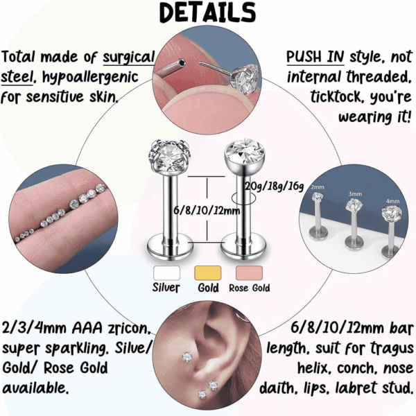 16G/18G/20G Threadless Lip Rings Tragus Earrings Surgical Steel Helix Conch Cartilage Earrings Monroe Piercing Jewelry for Women Men Labret Studs - Image 2