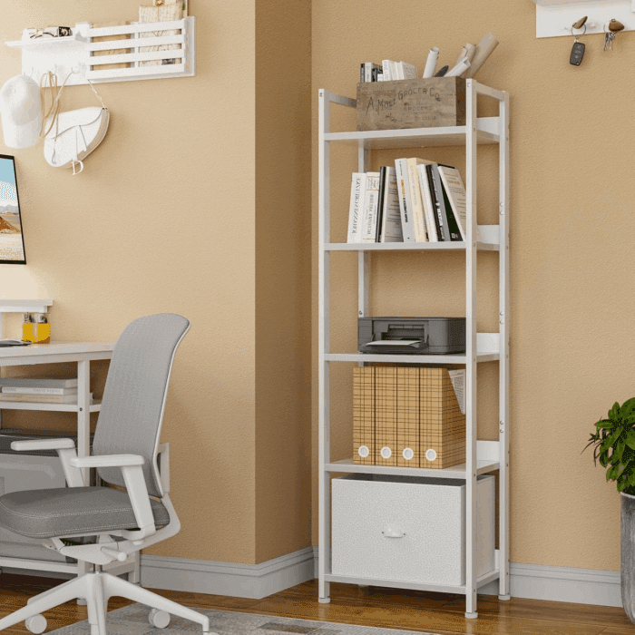 5 Tier Bookshelf with Drawer, Tall Narrow Bookcase with Shelves, Wood and Metal Book Shelf Storage Organizer, Modern Display Standing Shelf Unit for Bedroom, Living Room, Office, White - Image 7