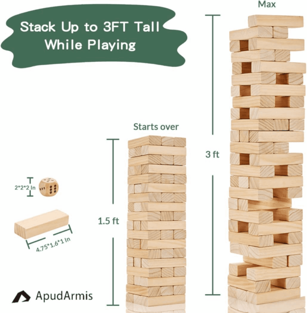 54 PCS Tumble Timber Set [Stack to 3FT], Pine Wooden Tumble Tower Game with Dice and Scoreboard Set - Classic Block Stacking Board Game for Teens Children Teenagers - Image 4