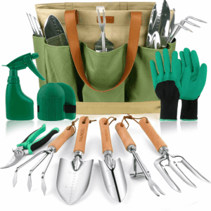 Gardening Tools - 10 Pcs Garden Tool Set Heavy Duty Stainless Steel Garden Supplies Hand Tools with Wooden Handle, Storage Tote Bag, Gardening Gifts for Women and Men