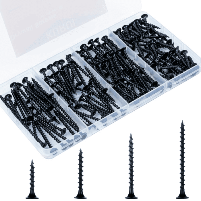 Drywall Screws Assortment Kit, #6 Black Wood Screws for Sheetrock,165Pcs Picture Hanging Kit for Frame Painting Art Photo, Phillips Coarse Dry Wall Screw 4 Sizes 1",1-1/4",1-5/8",2"