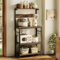 Kitchen Bakers Rack with Power Outlet, Coffee Bar Table 4 Tiers, Kitchen Microwave Stand with 6 S-Shaped Hooks, Kitchen Storage Shelf Rack for Spices, Pots and Pans - Rustic Brown - Image 6