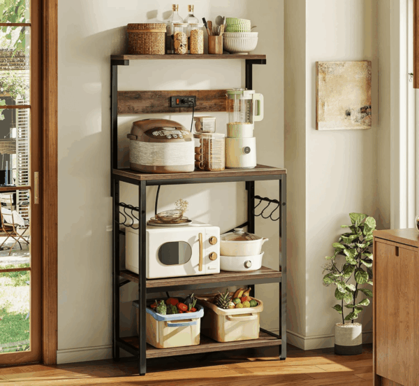 Kitchen Bakers Rack with Power Outlet, Coffee Bar Table 4 Tiers, Kitchen Microwave Stand with 6 S-Shaped Hooks, Kitchen Storage Shelf Rack for Spices, Pots and Pans - Rustic Brown - Image 6