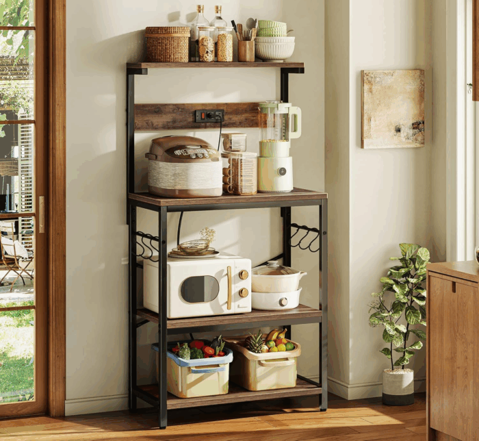 Kitchen Bakers Rack with Power Outlet, Coffee Bar Table 4 Tiers, Kitchen Microwave Stand with 6 S-Shaped Hooks, Kitchen Storage Shelf Rack for Spices, Pots and Pans - Rustic Brown - Image 6