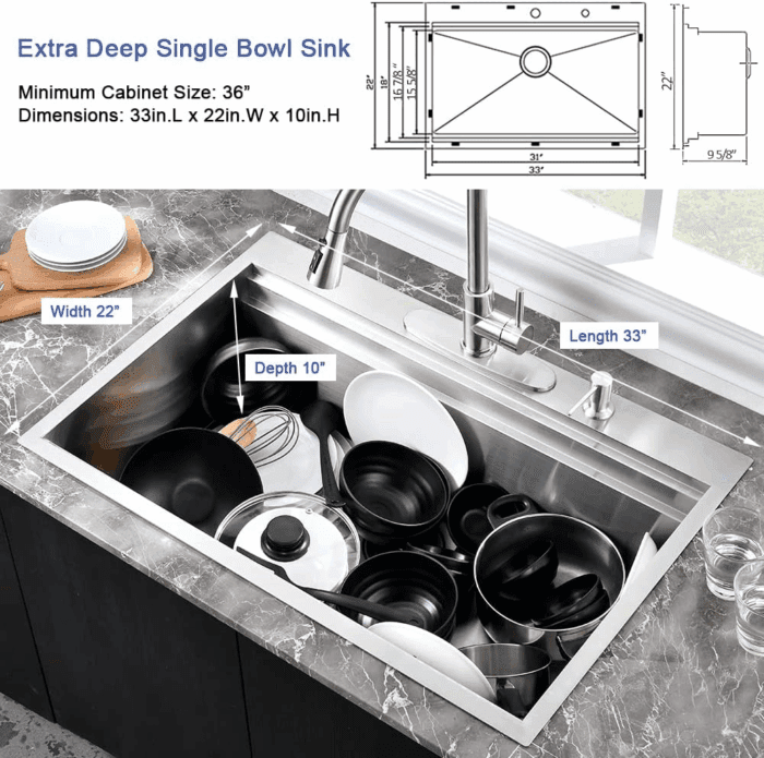 33 Inch Drop in Kitchen Sink Workstation- 33X22 Drop in Topmount Sink Double Ledges Workstation 16 Gauge Stainless Steel Single Bowl Deep Kitchen Sinks with Cutting Board - Image 8