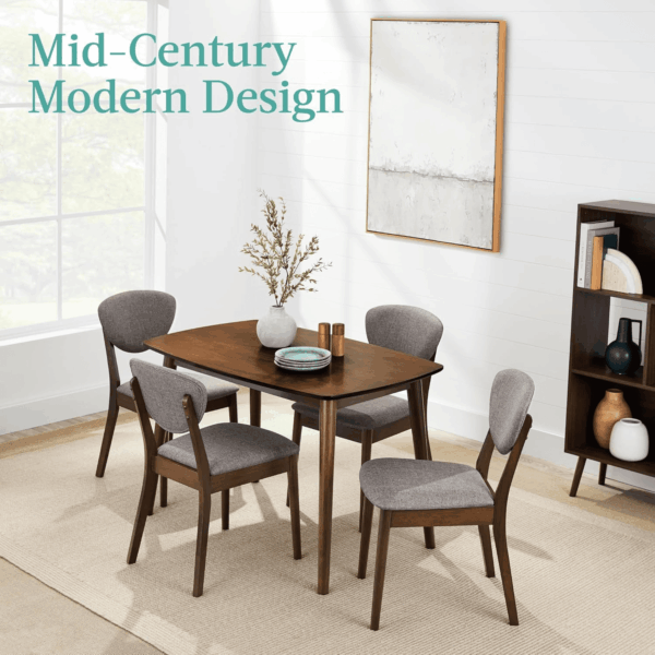 5-Piece Dining Set, Compact Mid-Century Modern Table & Chair Set for Home, Apartment W/ 4 Chairs, Padded Seats & Backrests, Wooden Frame - Walnut/Light Gray - Image 2