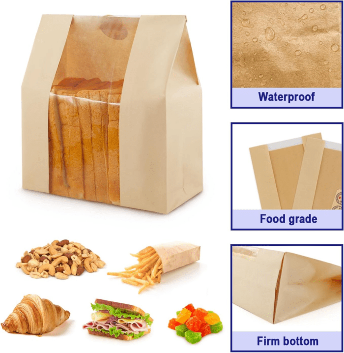 Pack of 35 Paper Bread Bags for Homemade Bread, Paper Bakery Bag for Baked Food Packaging Storage, Large Kraft Paper Bread Loaf Bag with Window Label Seal Sticker Included Pack of 35,12.5X8.3X4 Inches - Image 6