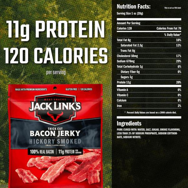 Bacon Jerky, Hickory Smoked - Flavorful Ready to Eat Meat Snack with 11G of Protein, Made with 100% Thick Cut Real Bacon, Protein Snack, Keto & Paleo Diet Ready, 2.5 Oz. - Image 9