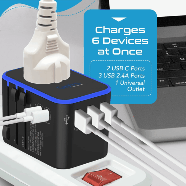 World International Travel Plug Adapter - Powerful 33.5W with Pd & QC 3.0 Dual USB-C Power - 3 USB Ports Wall Charger Type I C G a Outlets 110V 220V A/C - EU Euro US UK (11-KU) - Image 4