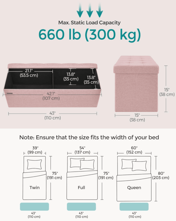 MAZIE Collection - 43 Inches Folding Storage Ottoman Bench, Ottoman Foot Rest, End of Bed Bench, Storage Chest, Load 660 Lb, for Living Room, Bedroom, Entryway, Jelly Pink ULSF077R11 - Image 3