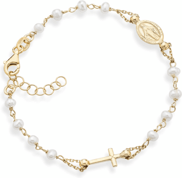 18K Gold over 925 Sterling Silver Handmade Italian 3.5-4Mm White Cultured Freshwater Pearl Rosary Cross Charm Bead Bracelet for Women, Adjustable Link Chain, 925 Italy - Image 2