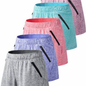 5 Pack: Womens Workout Gym Shorts Casual Lounge Set, Ladies Active Athletic Apparel with Zipper Pockets