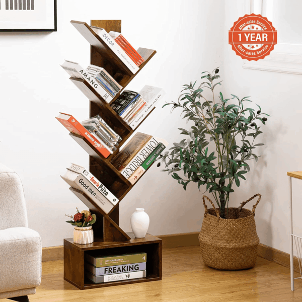 Tree Bookshelf - 6 Shelf Retro Floor Standing Bookcase, Tall Wood Book Storage Rack for Cds/Movies/Books, Utility Organizer Shelves Bedroom, Living Room, Home Office, Rustic Brown - Image 2