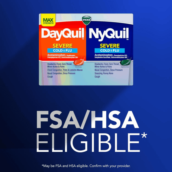 Dayquil & Nyquil SEVERE Co-Pack, Cold & Flu Medicine, Powerful Relief for Headache, Fever, Sore Throat, Minor Aches & Pains, Congestion, Sinus Pressure, Stuffy Nose, and Cough, 48 Liquicaps - Image 7