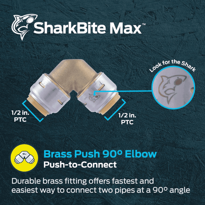 Max 1/2 Inch 90 Degree Elbow, Push to Connect Brass Plumbing Fitting, PEX Pipe, Copper, CPVC, PE-RT, HDPE, UR248A - Image 2