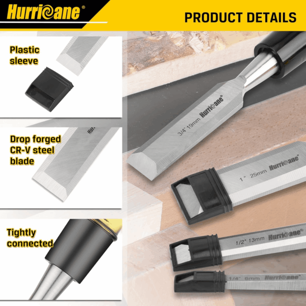 4 Piece Wood Chisel Set for Woodworking. CR-V Steel Beveled Edge Blades with Safety Caps. Durable PVC High Impact Handle, for Precision Carving & DIY Projects (1/4", 1/2", 3/4", 1") - Image 3