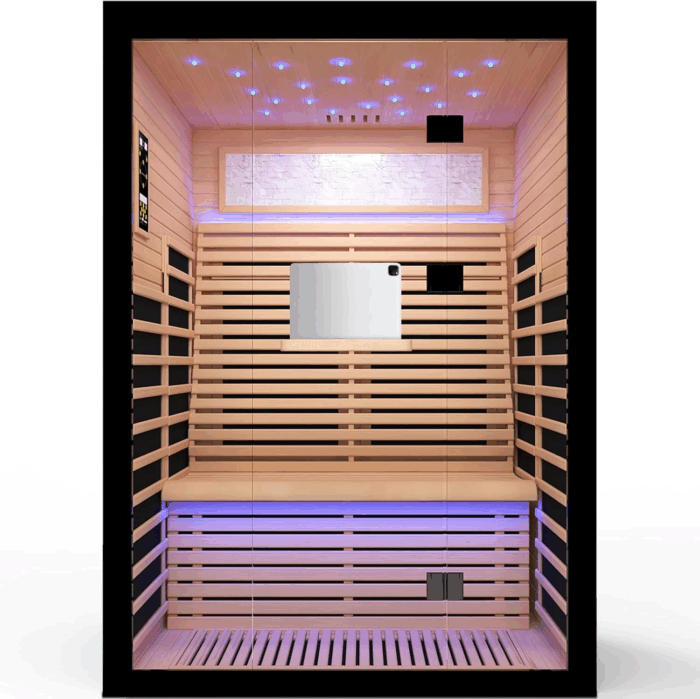 2 Person Infrared Sauna Room Far Infrared Saunas Home Canadian Hemlock Indoor 2160W Low-Emf Dry Saunas with Oxygen Bar 7 Color Therapy 53.1 * 47.2 * 74.8Inch