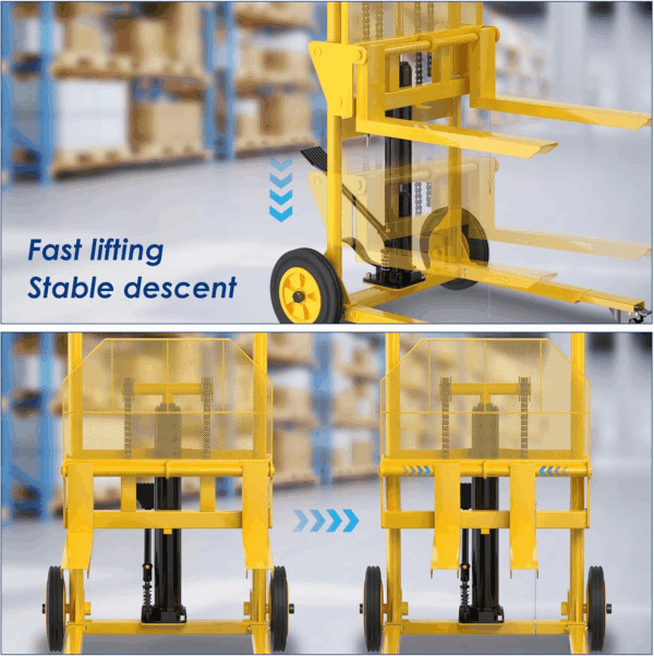 Hydraulic Material Lift with Upgraded Baffle Pallet Lift 550 Lbs 37.4” Max Lift with Front Universal Wheels and 9" Polyurethane Wheels, 18.5" Fork Length, Lift Dolly, Hand Forklift, Steel Platform X 1 - Image 3