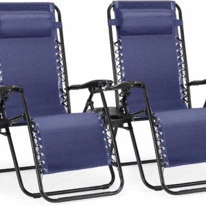 Zero Gravity Chairs, Set of 2 Portable Recliner Beach Camping Patio Outdoor Folding Lounge Chair with Cup Holder Trays and Adjustable Pillow for Poolside, Garden, Backyard, Lawn (Blue)