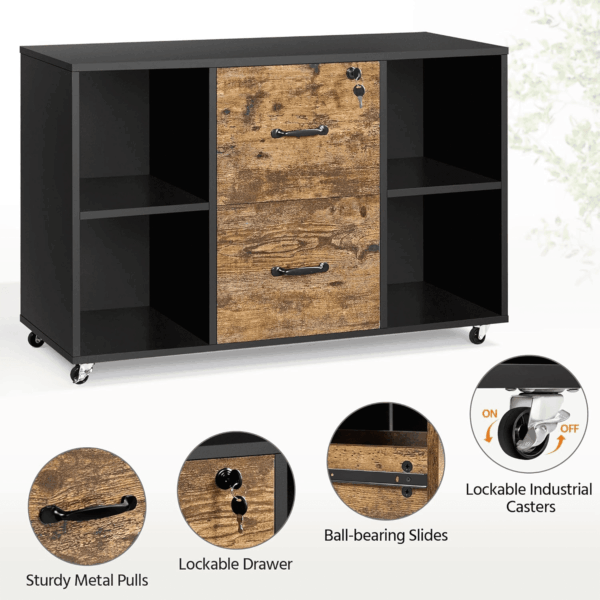 Filing Cabinet Lateral File Cabinet with 2 Drawer and 4 Open Compartments for Letter Size A4 Size, Printer Stand for Home Office, Black/Rustic Brown - Image 6