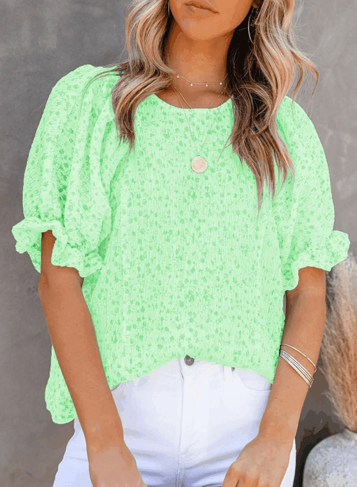 Floral Print Blouses for Women Crewneck Smocked Puff Sleeve Shirts Casual Babydoll Tops - Image 2
