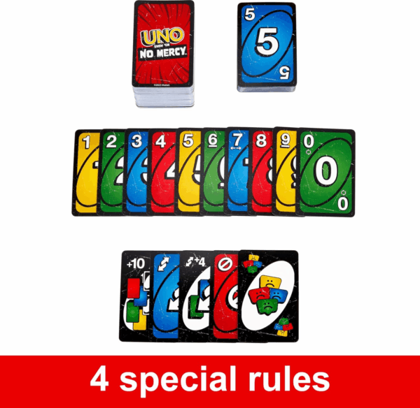 UNO Show ‘Em No Mercy Card Game in Storage & Travel Tin for Kids, Adults & Family Night with Extra Cards, Special Rules & Tougher Penalties (Amazon Exclusive) - Image 3