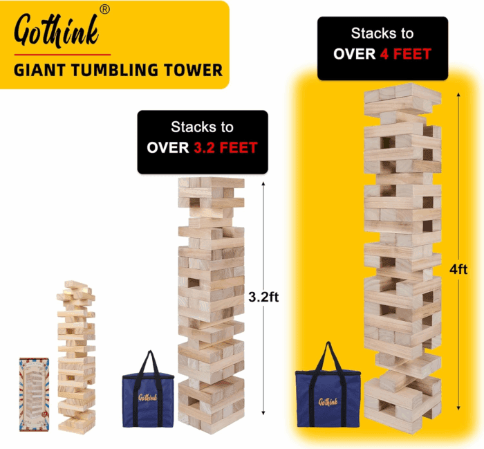 Giant Tumble Tower Game, Large Tumbling Tower Stack to over 4 FT 54Pcs Wooden Jumbo Blocks for outside Yard Games with Carry Case Timber Stacking Game Night Toy Gift for Kids Adults Family - Image 7
