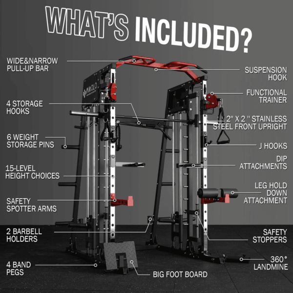 Smith Machine, 2200Lbs Squat Rack with Lat-Pull down System & Cable Crossover Machine, Training Equipment with Leg Hold-Down Attachment - Image 5