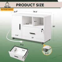 File Cabinet with Charging Station, 1-Drawer Lateral File Cabinets with Lock for Home Office, Wooden Rolling Printer Stand with Shelves, White - Image 3