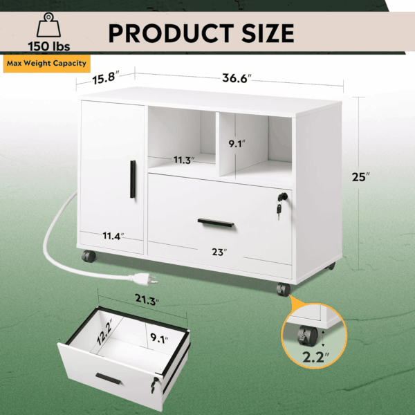 File Cabinet with Charging Station, 1-Drawer Lateral File Cabinets with Lock for Home Office, Wooden Rolling Printer Stand with Shelves, White - Image 3