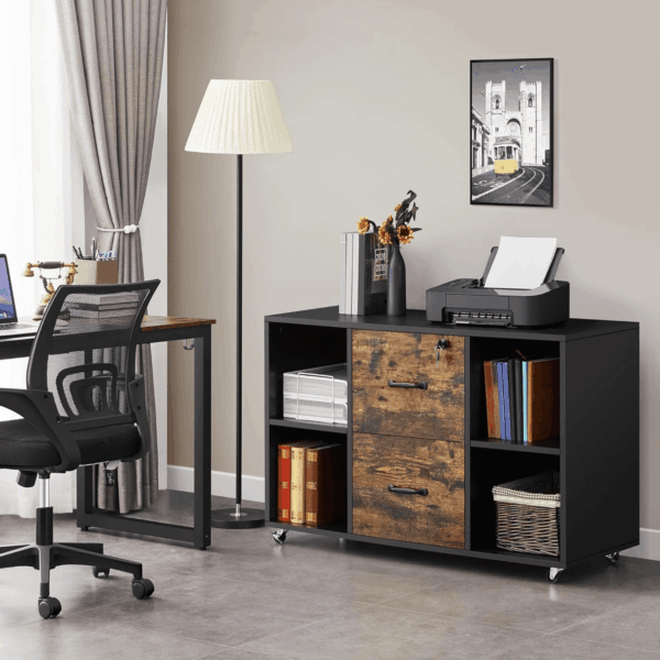 Filing Cabinet Lateral File Cabinet with 2 Drawer and 4 Open Compartments for Letter Size A4 Size, Printer Stand for Home Office, Black/Rustic Brown - Image 2