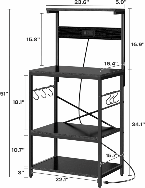 Kitchen Bakers Rack with Power Outlet, Coffee Bar Table 4 Tiers, Kitchen Microwave Stand with 6 S-Shaped Hooks, Kitchen Storage Shelf Rack for Spices, Pots and Pans - Black - Image 6