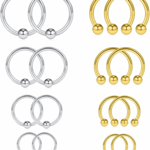 16-24PCS 16G Surgical Steel Horseshoe & Captive Bead Nose Hoop Septum Earring Eyebrow Tongue Lip Nipple Helix Tragus Piercing Jewelry Rings 6-16Mm