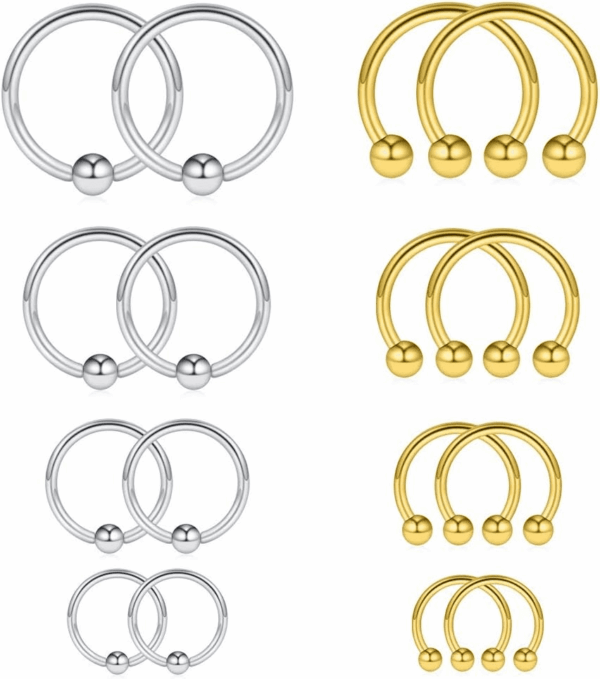16-24PCS 16G Surgical Steel Horseshoe & Captive Bead Nose Hoop Septum Earring Eyebrow Tongue Lip Nipple Helix Tragus Piercing Jewelry Rings 6-16Mm
