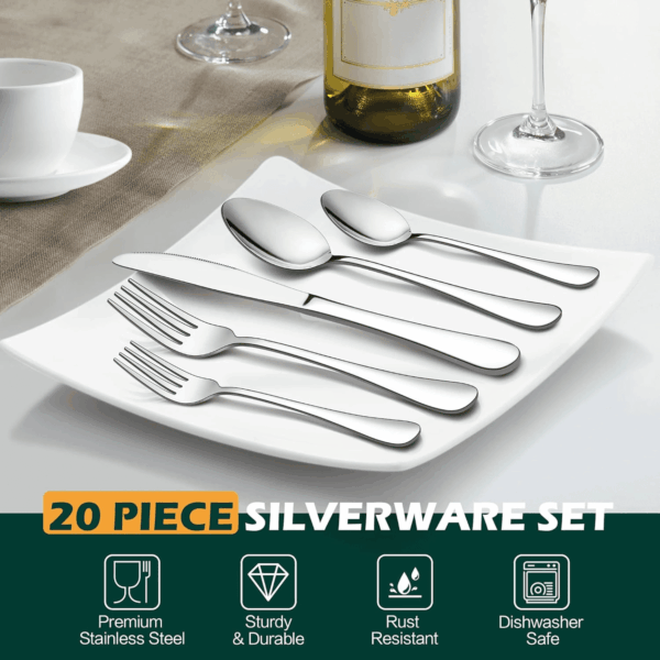 20 Piece Silverware Flatware Cutlery Set, Stainless Steel Utensils Service for 4, Include Knife Fork Spoon, Mirror Polished, Dishwasher Safe - Image 3